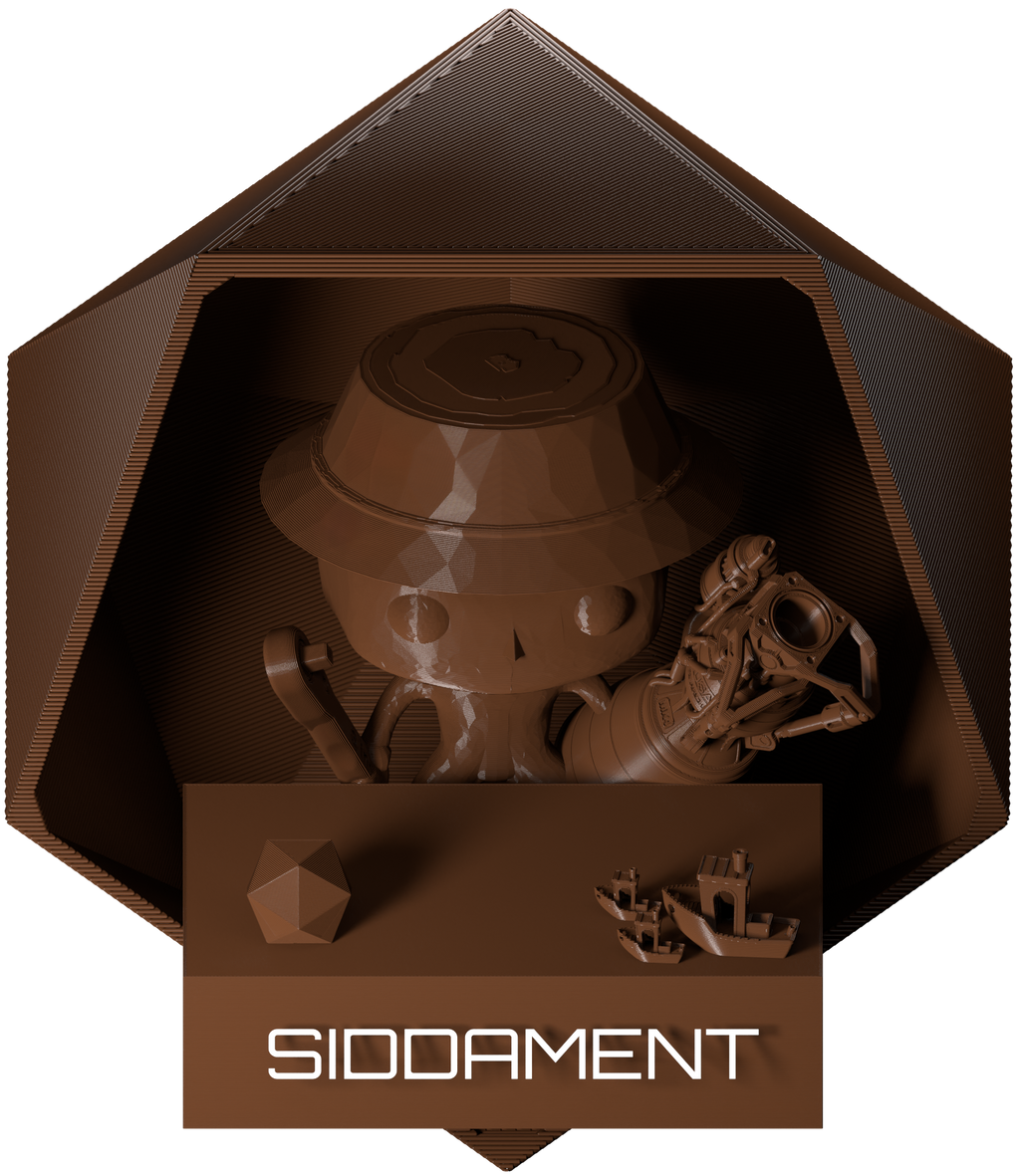 3D printed sample parts in Brown PLA+ filament, Siddament display box
