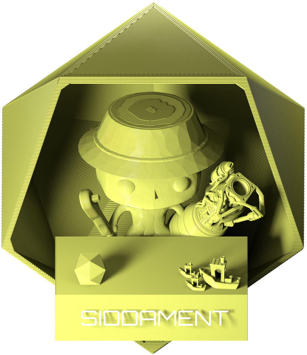 3D printed sample parts in Light Yellow PETG filament, Siddament display box